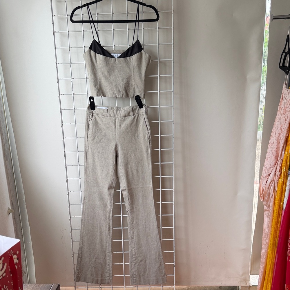 Zara Beige and Black Two-Piece Crop Top & Flare Pants Set Size Small